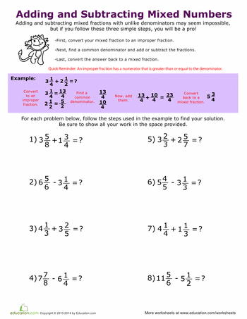 Adding Mixed Fractions Worksheets