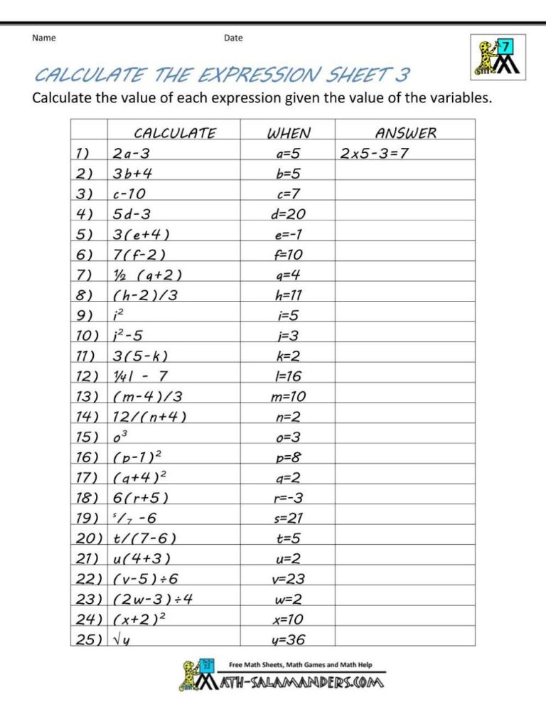 Simple Algebra Worksheets For Grade 6