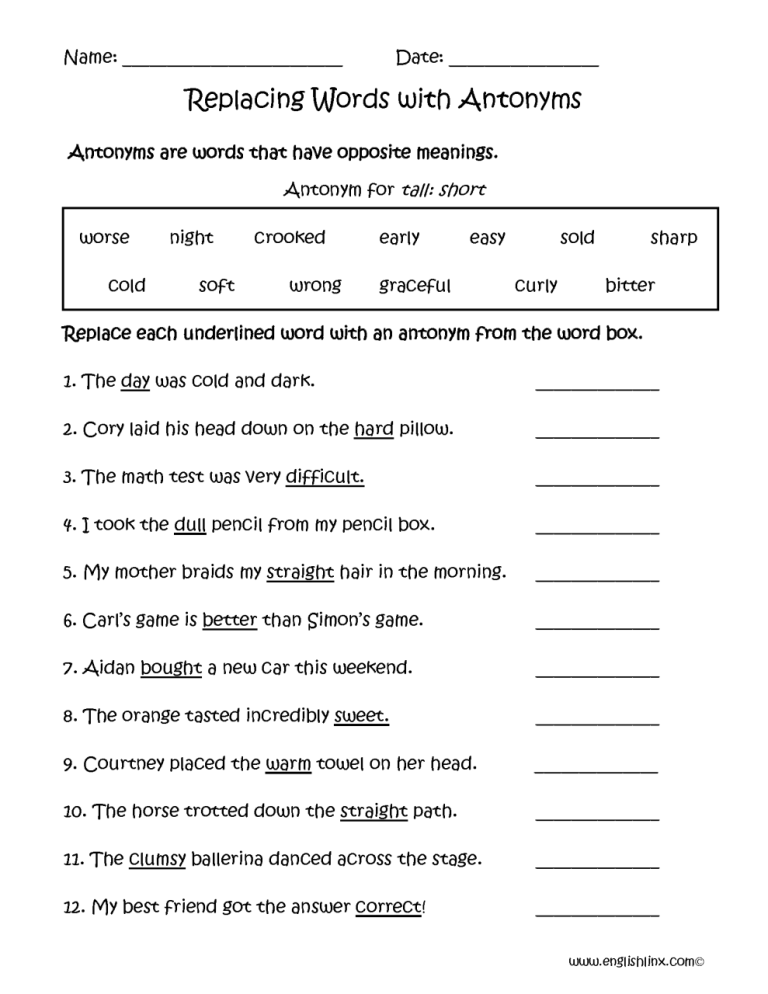 Synonyms Worksheet For Grade 3