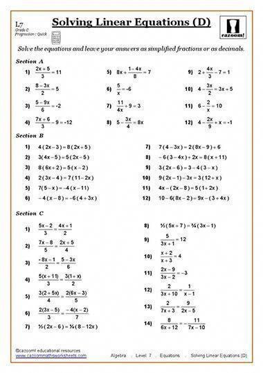 Algebra Solving Equations Worksheets