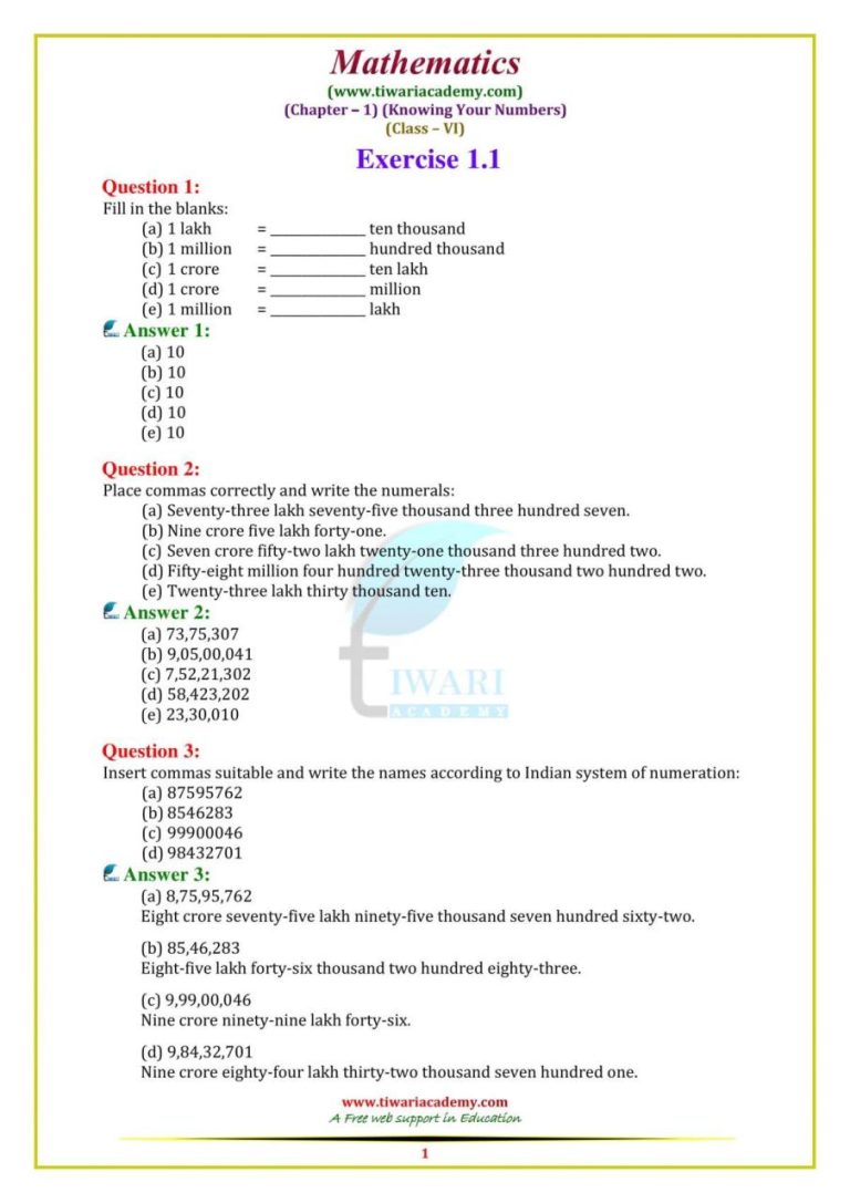 Class 6 Maths Chapter 1 Worksheet