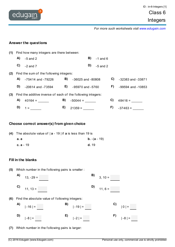 6th Grade Worksheets On Integers For Class 6