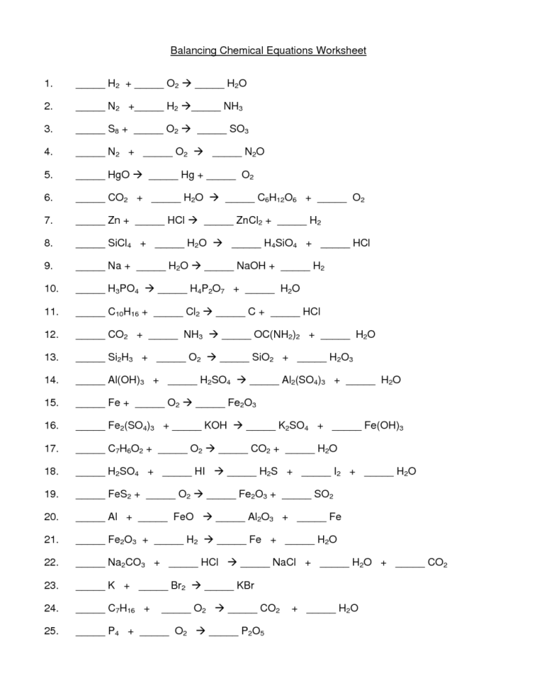 Chemistry Balancing Equations Worksheet Pdf