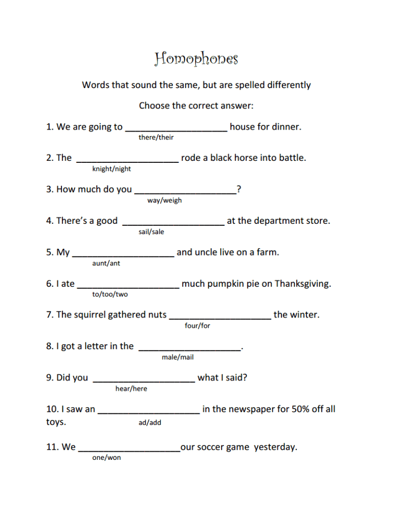 Homonyms Worksheets 7th Grade