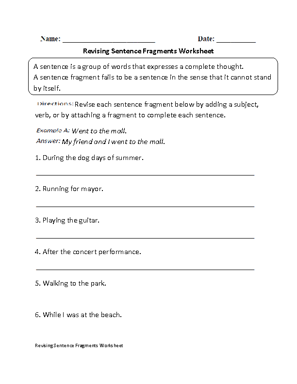 Sentence Fragment Worksheets Grade 2