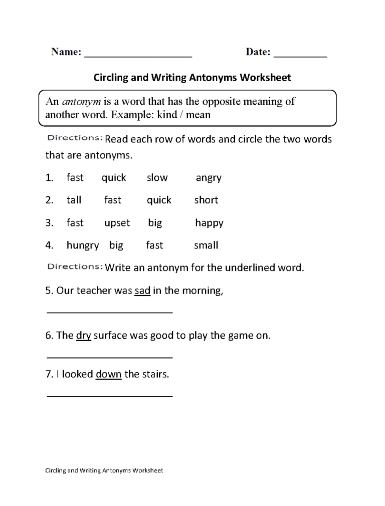 Antonyms Worksheet For Grade 4