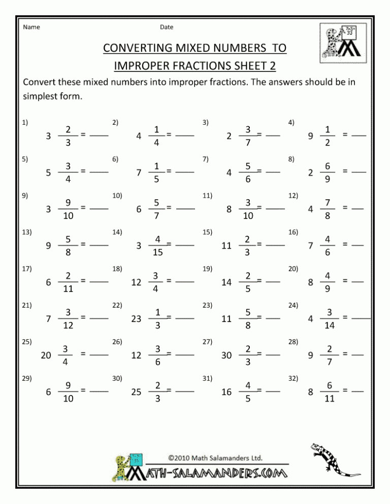 Mixed Fractions Worksheets Grade 7