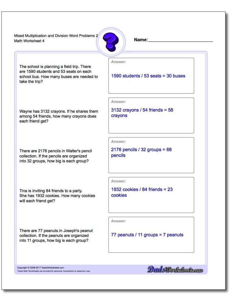 Word Problems Worksheets Multiplication And Division