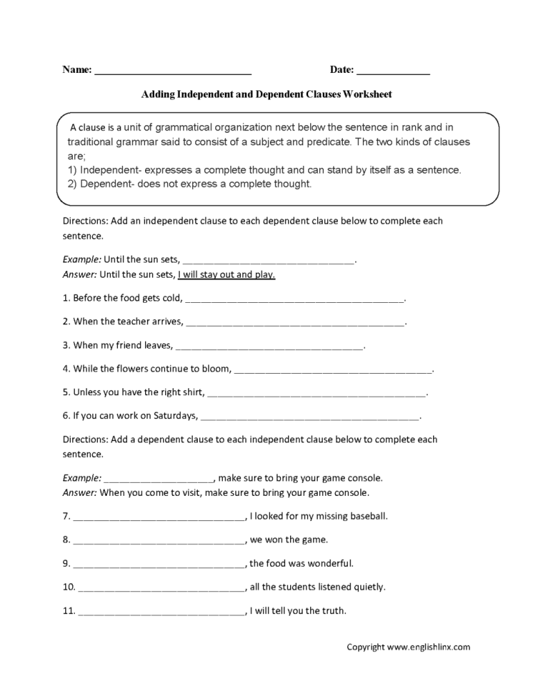 Subordinate Clause Worksheet Ks2