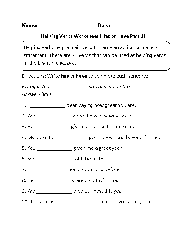 2nd Grade Helping Verbs Worksheet