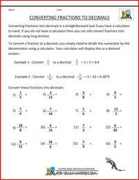 Converting Fractions To Decimals Worksheet With Answers