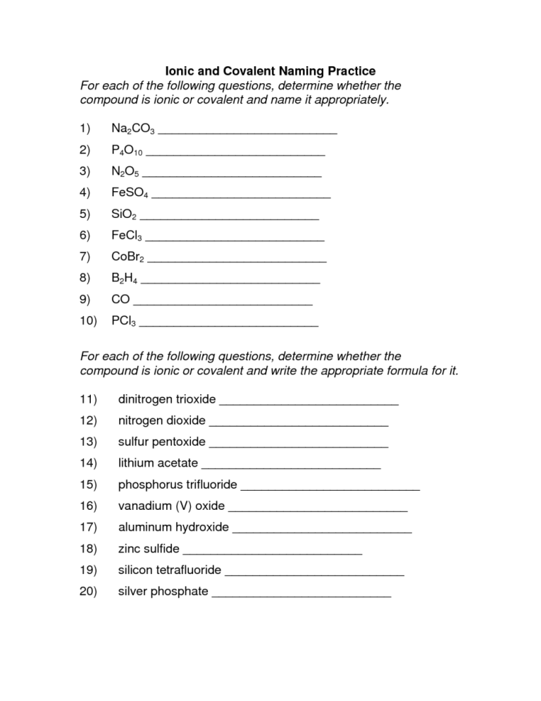 Naming Ionic Compounds Worksheet Answers