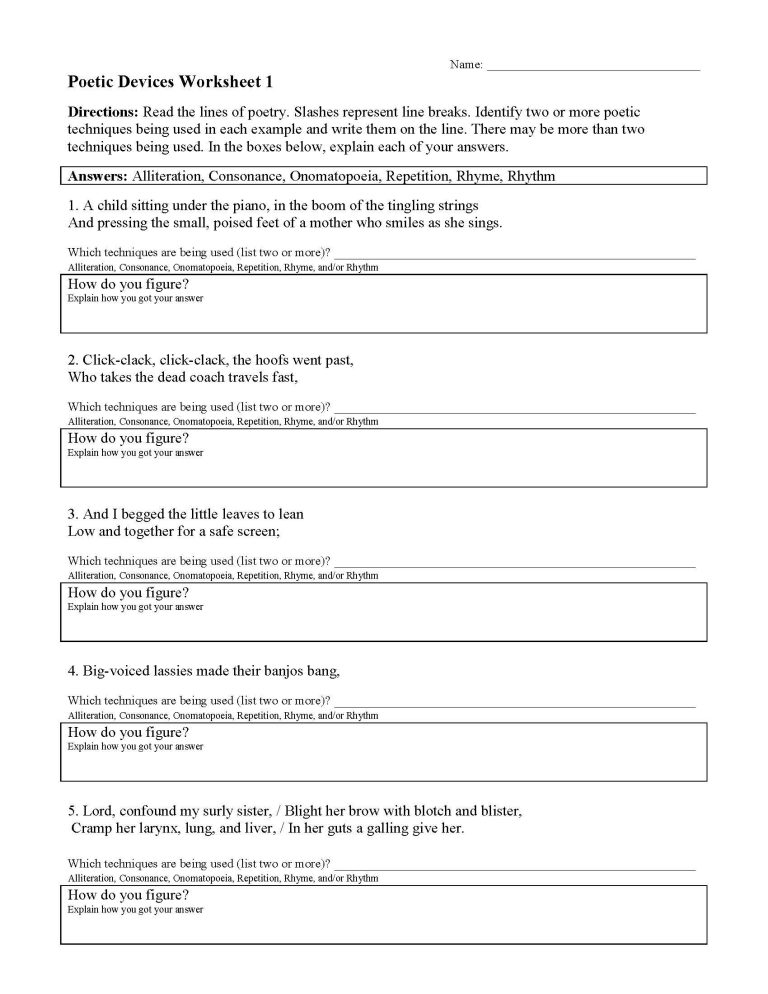 Poetic Devices Worksheet Answers