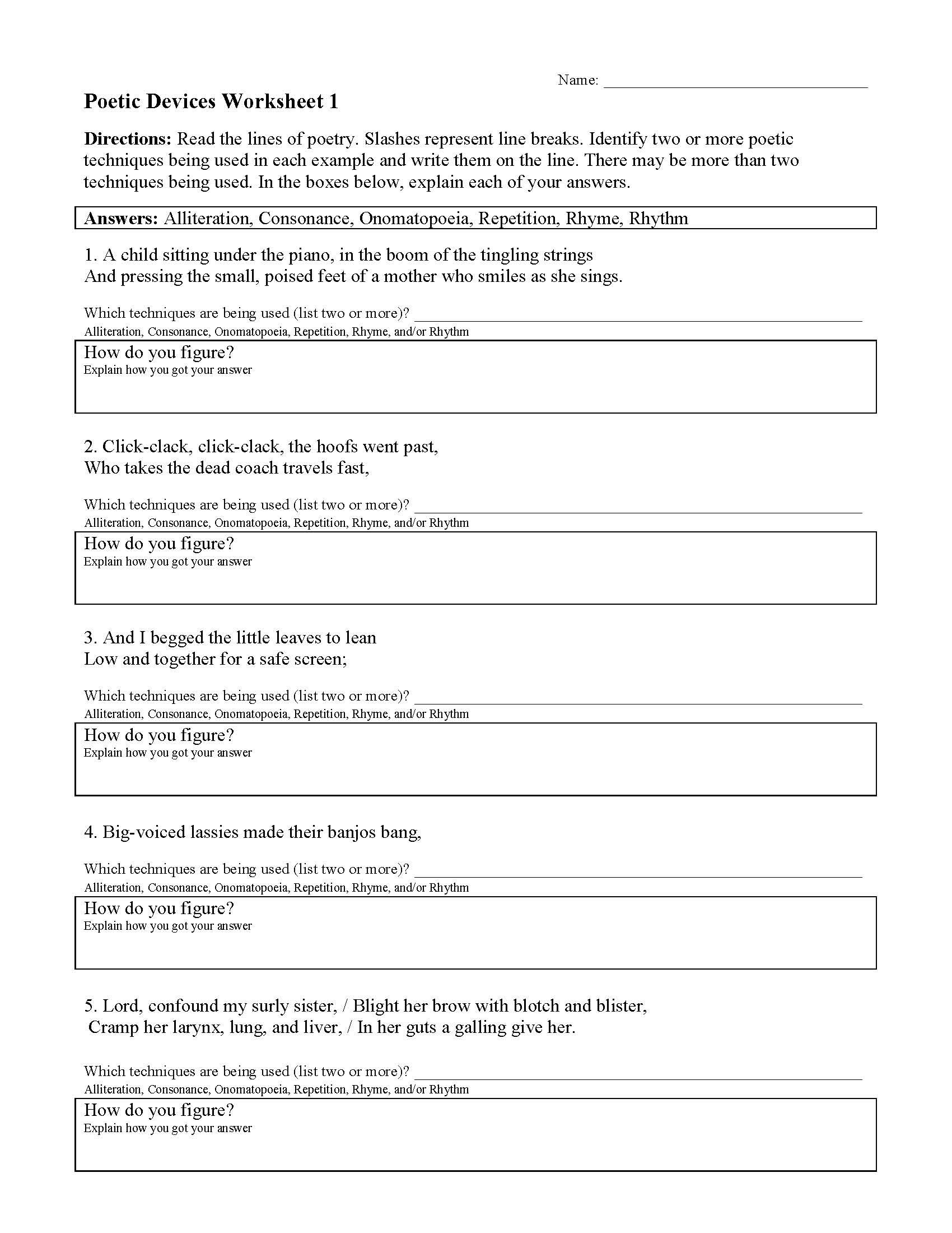 Poetic Devices Worksheet Pdf