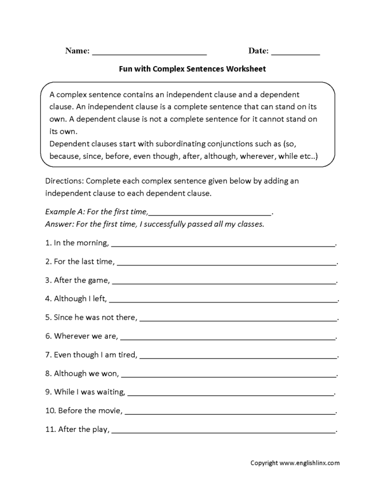 Complex Sentences Worksheet With Answer Key