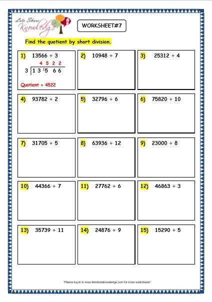 Short Division Worksheets Pdf