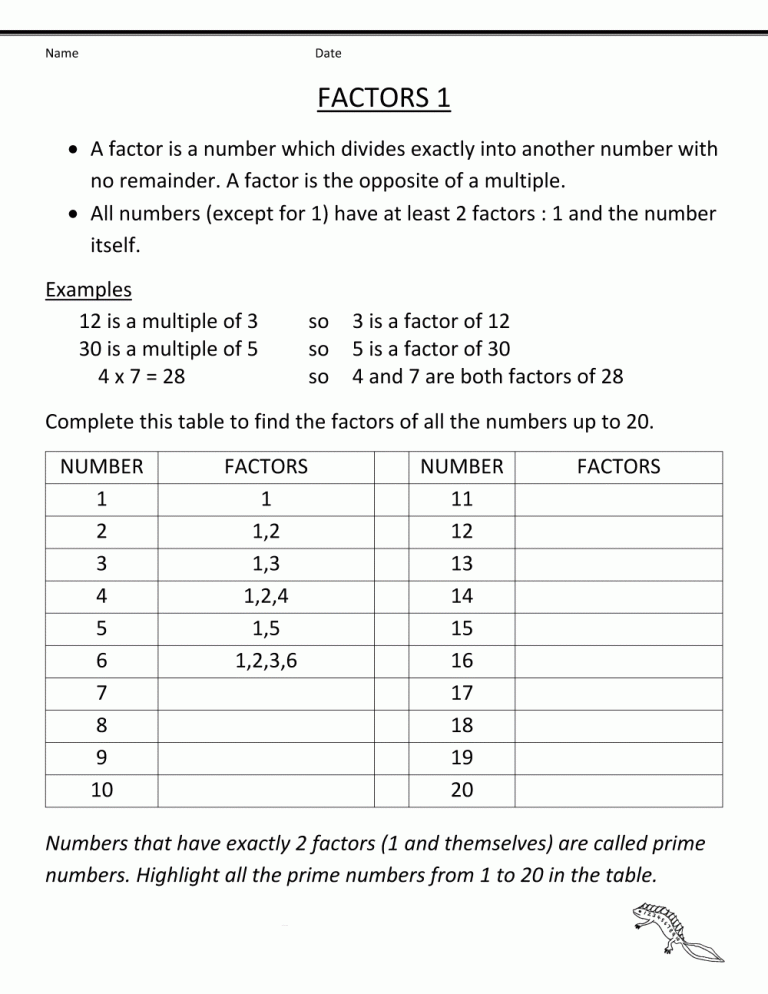 Factors And Multiples Worksheet For Grade 6 With Answers