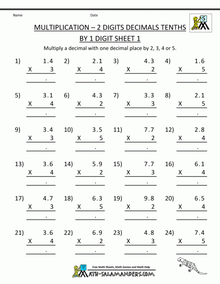 Free Multiplication Worksheets For 5th Grade