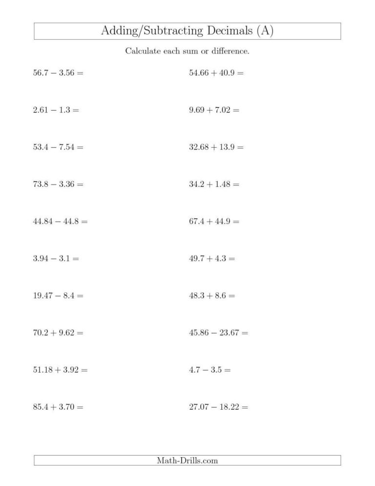 Math Worksheets Decimals Addition And Subtraction