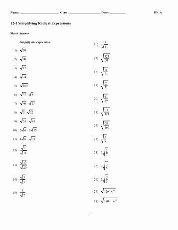 Simplifying Radicals Worksheet 1