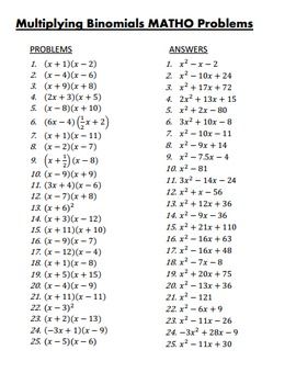 Multiplying Binomials Worksheet