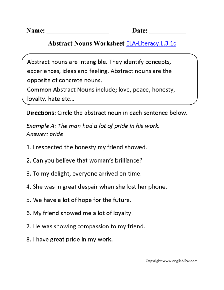 Abstract Noun Worksheets For Grade 4