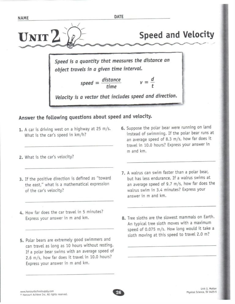 Calculating Speed Velocity And Acceleration Worksheet