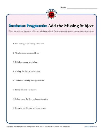 Sentence Fragment Worksheets Grade 6