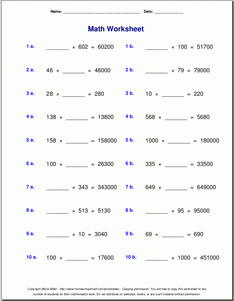 4th Grade Grade 5 Math Worksheets Pdf