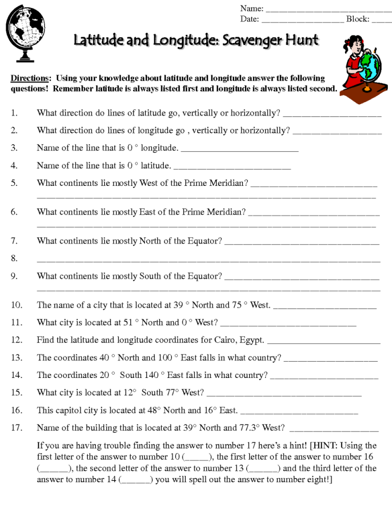 Latitude And Longitude Worksheets For 6th Grade Answers