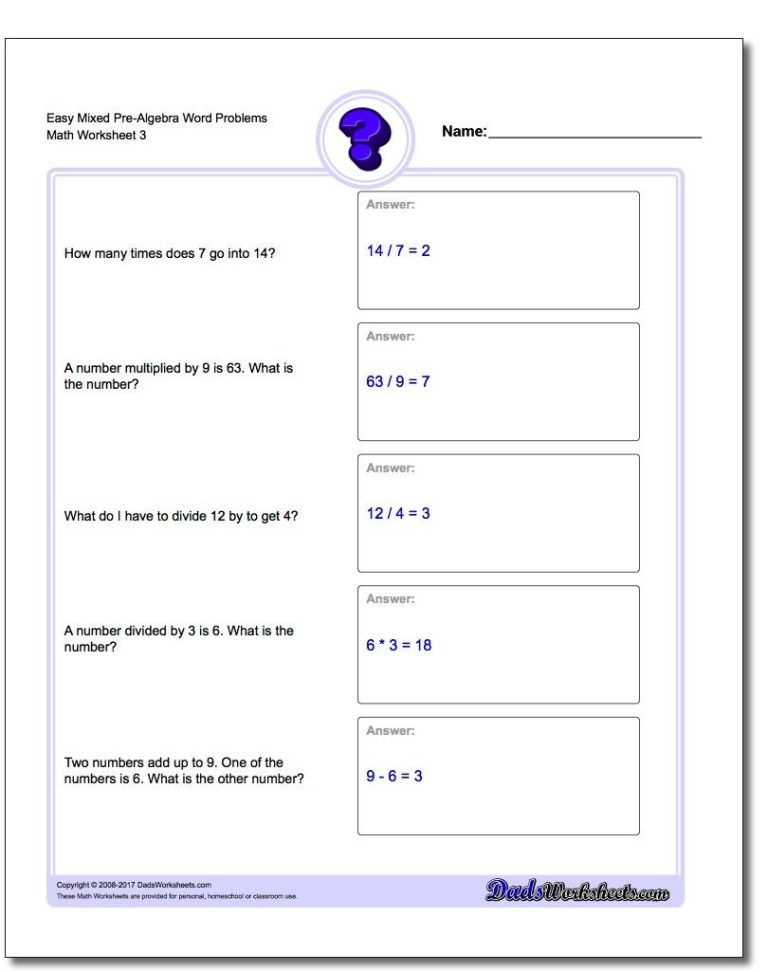 Algebra Problems Worksheet