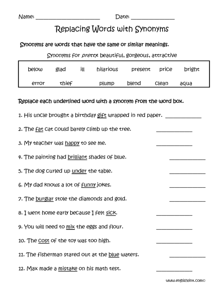 3rd Grade Synonyms Worksheet Pdf