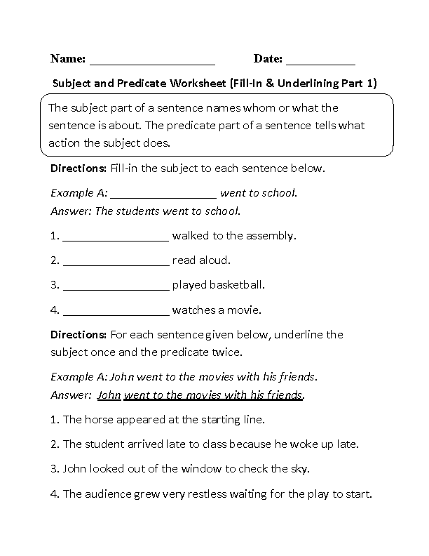 2nd Grade Identify Subject And Predicate Worksheet