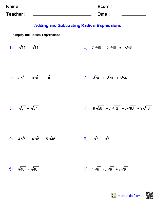 Simplifying Radicals Worksheet 1 Answer Key