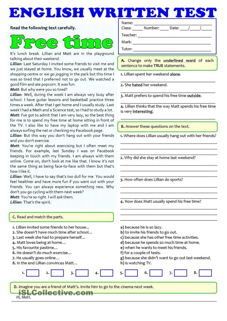 Free Time Activities Reading Comprehension Pdf