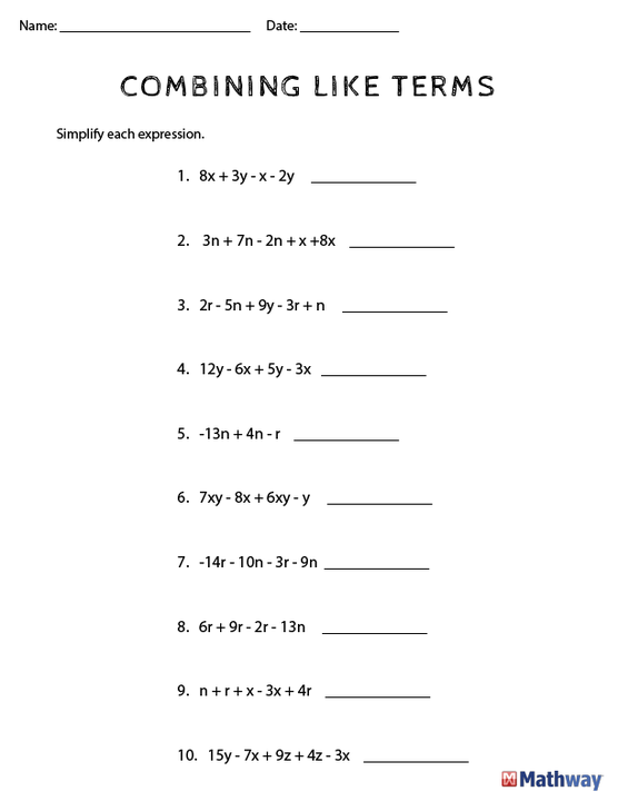 Simplifying And Combining Like Terms Worksheet Answer Key