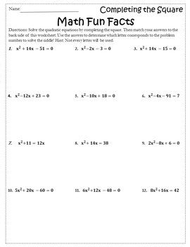 Completing The Square Worksheet With Answers