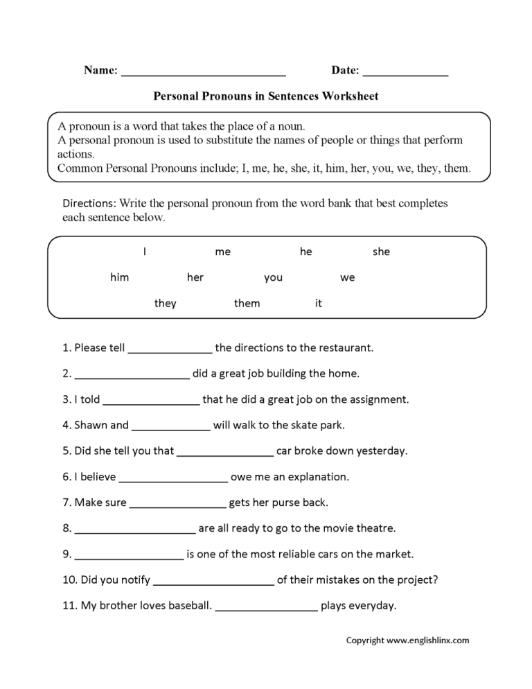 Personal Pronouns Worksheet Answers