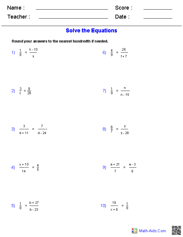 Easy Rational Equations Worksheet