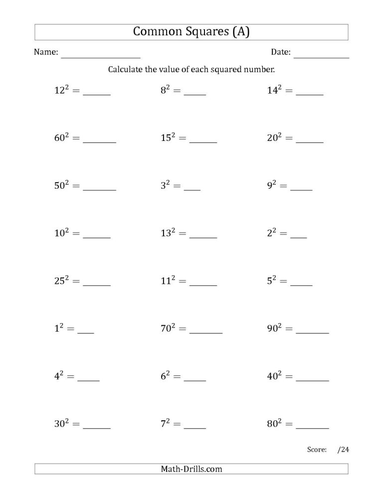 Square Numbers Worksheet Year 6