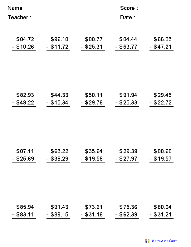 Money Math Worksheets 4th Grade