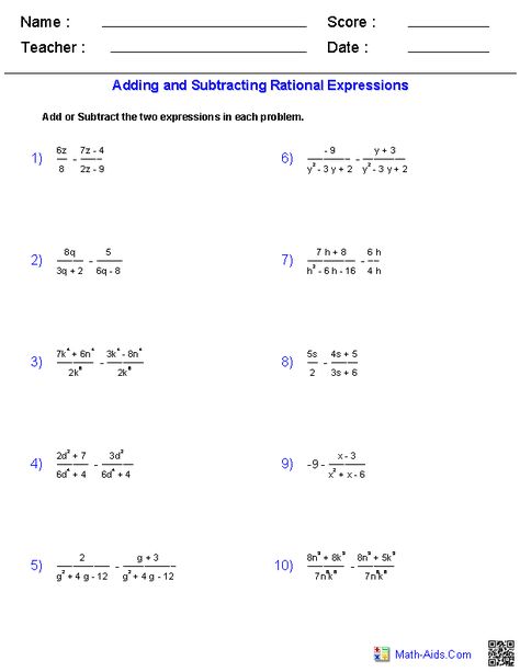 Simplifying Adding And Subtracting Rational Expressions Worksheet