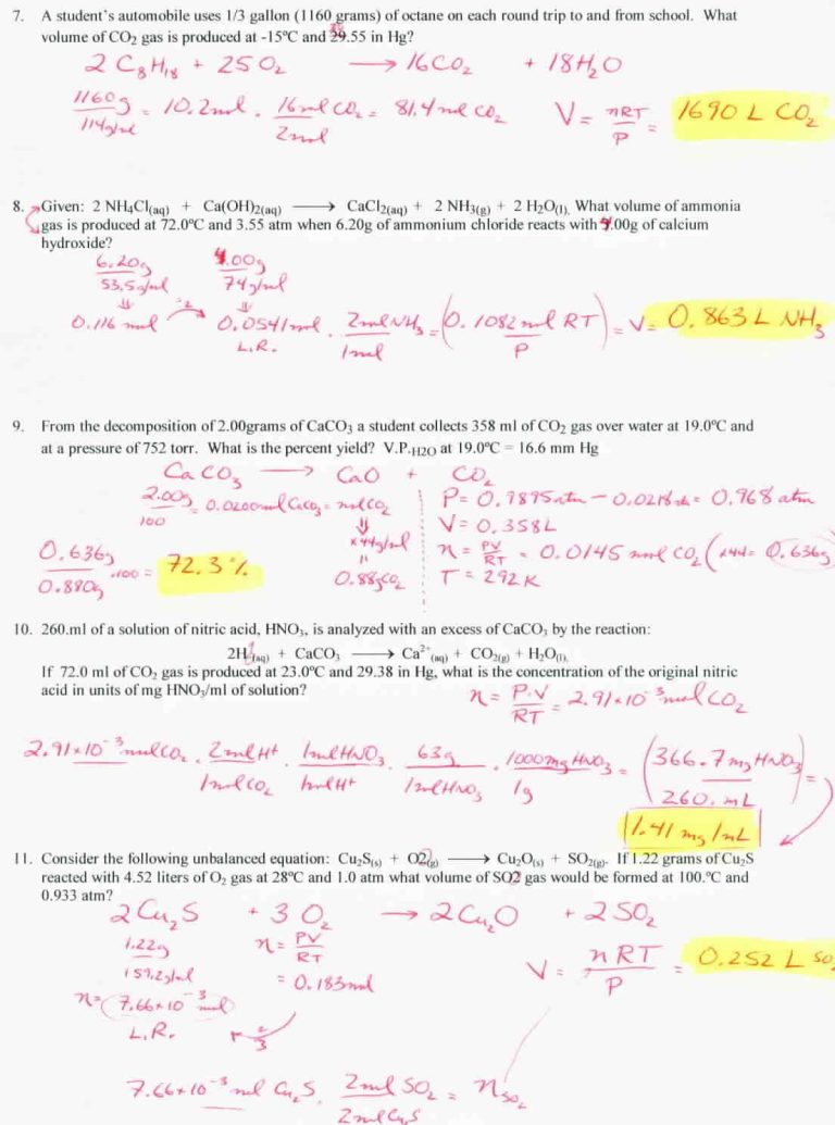 Gas Stoichiometry Worksheet Answers