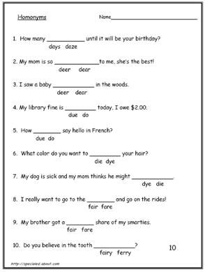 Homonyms Worksheets With Answers