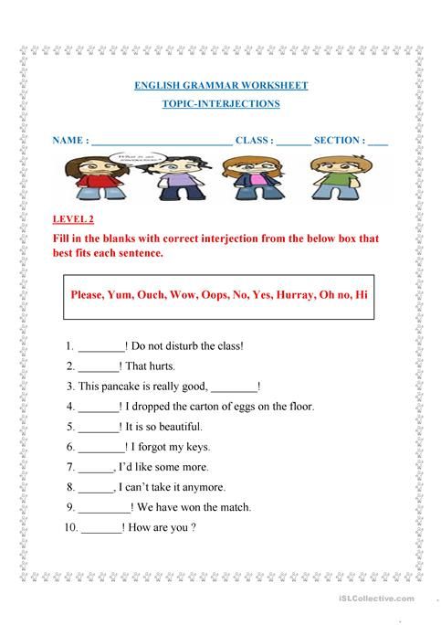 7th Grade Interjections Worksheet