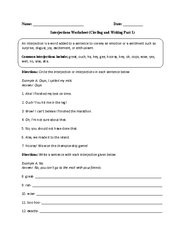 Interjections Worksheet Grade 5