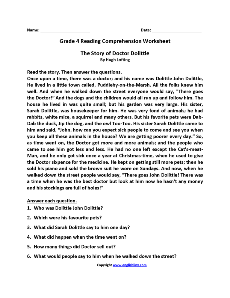 Comprehension For Class 4 With Answers