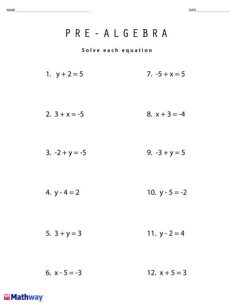 Printable Beginning Algebra Worksheets