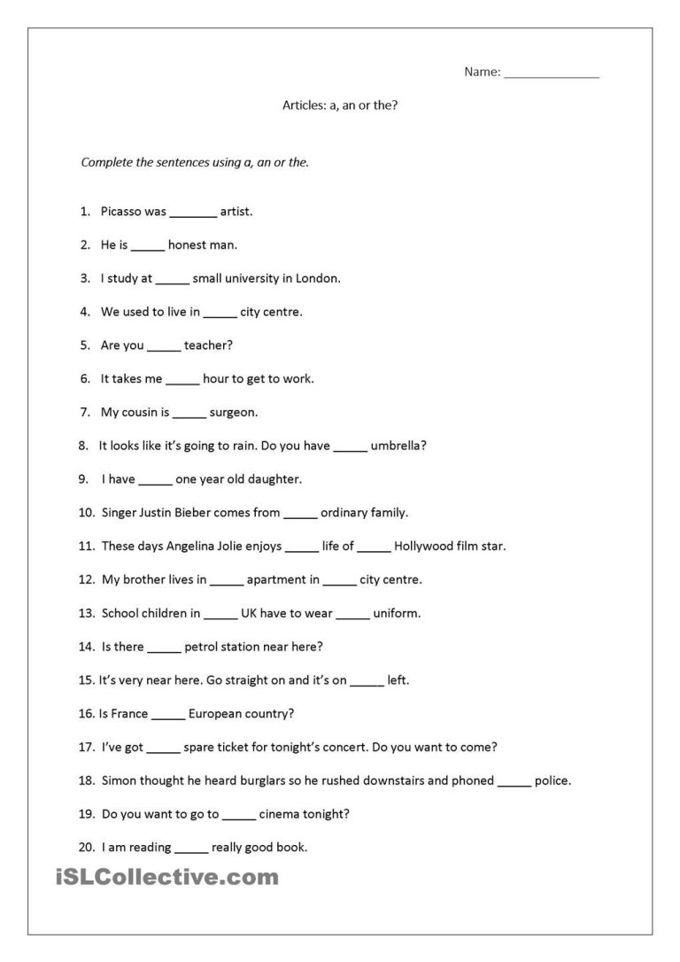 A An The Worksheets For Grade 2 With Answers