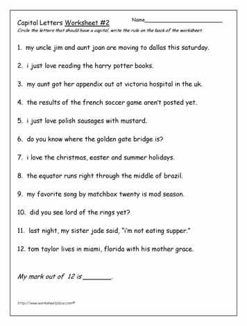 Capital Letters Worksheet 4th Grade